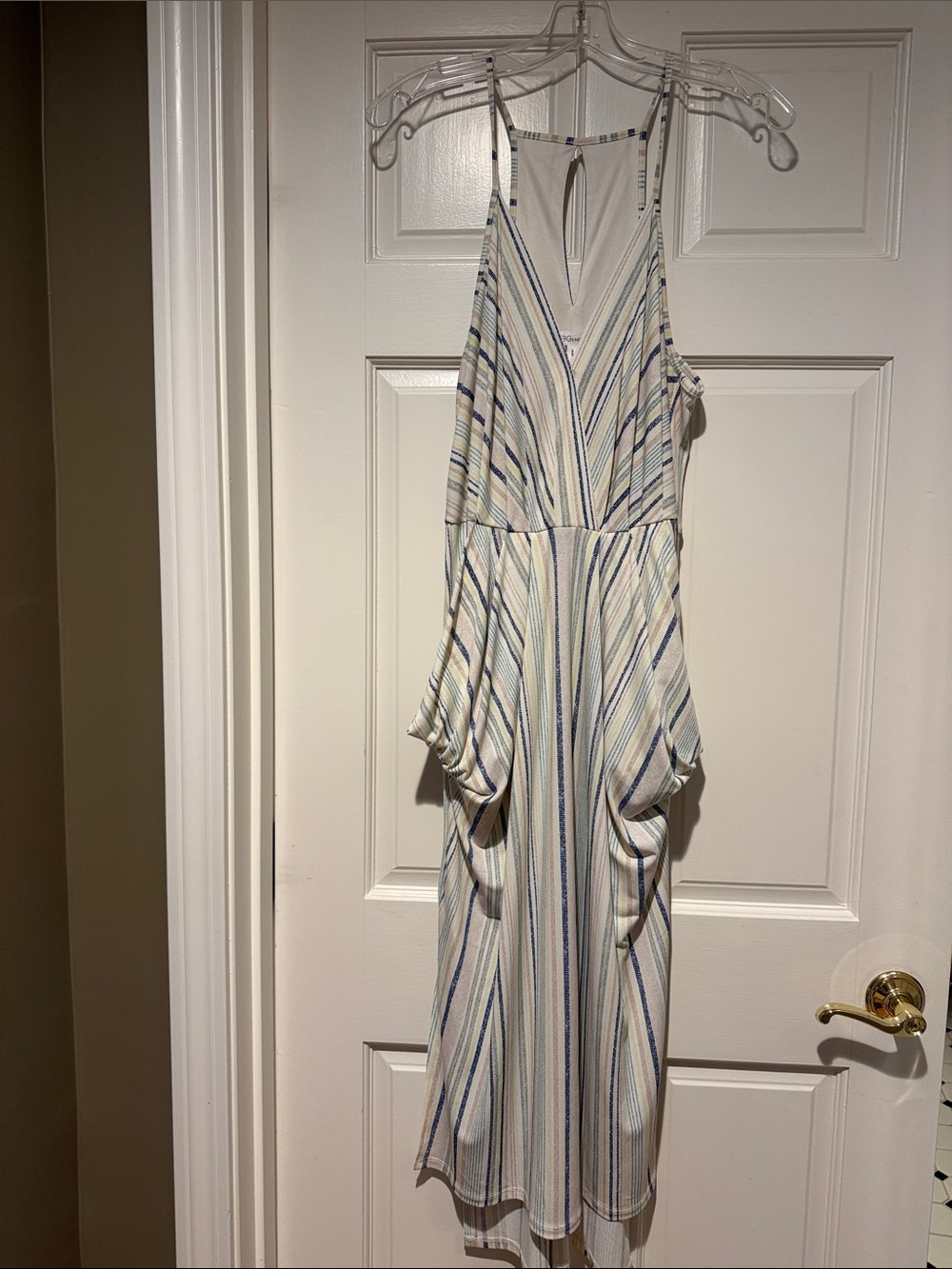 BCBGeneration Striped Sleeveless V-Neck Midi Dress in Cream, Blue and Tan